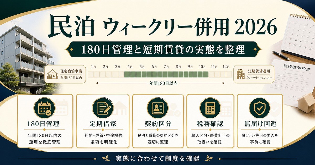 民泊とウィークリー短期賃貸の併用を180日管理、定期借家、契約区分、税務確認、無届け回避で整理した図