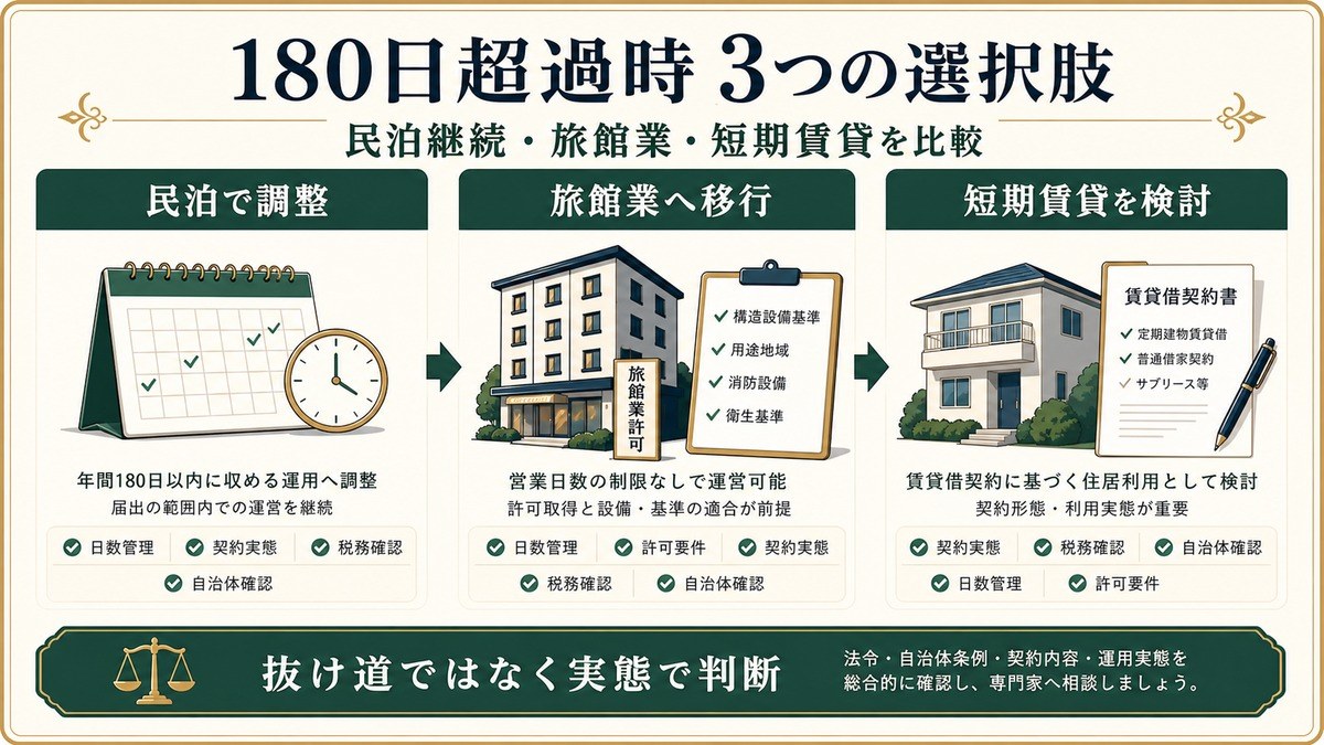 民泊180日超過時の選択肢を民泊で調整、旅館業へ移行、短期賃貸を検討の3つで比較した図