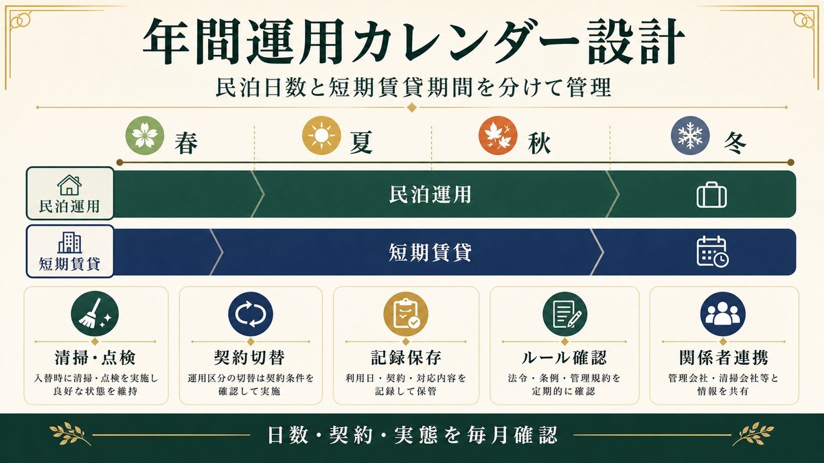 民泊と短期賃貸の年間運用カレンダーを春夏秋冬、民泊運用、短期賃貸、清掃点検、契約切替、記録保存で整理した図