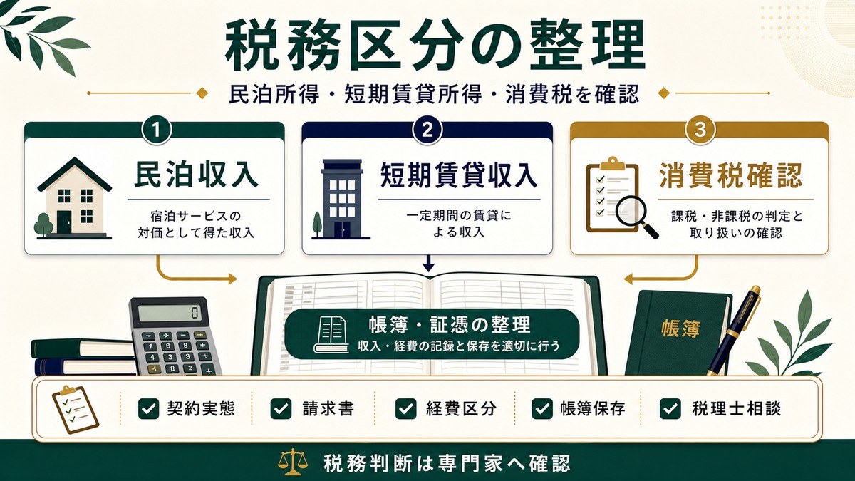 民泊所得、短期賃貸所得、消費税確認の税務区分を帳簿保存や税理士相談とあわせて整理した図
