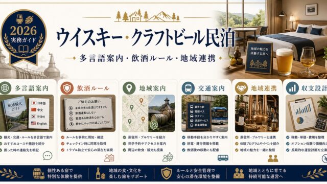 ウイスキー・クラフトビール観光民泊の多言語案内、飲酒ルール、地域連携を整理した図