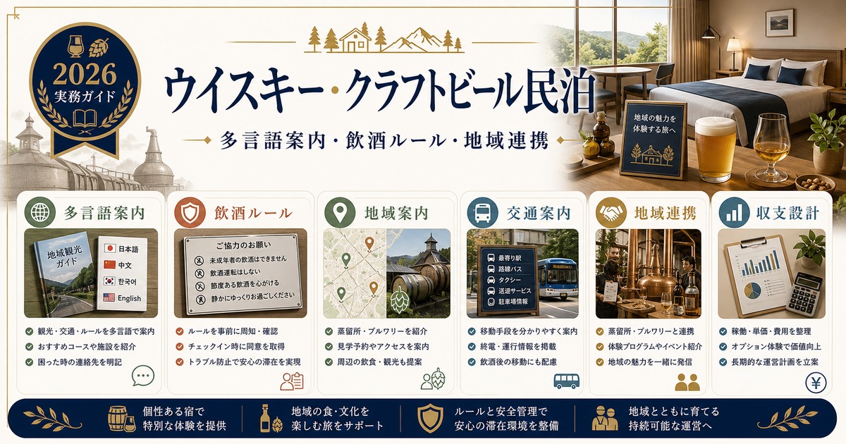 ウイスキー・クラフトビール観光民泊の多言語案内、飲酒ルール、地域連携を整理した図