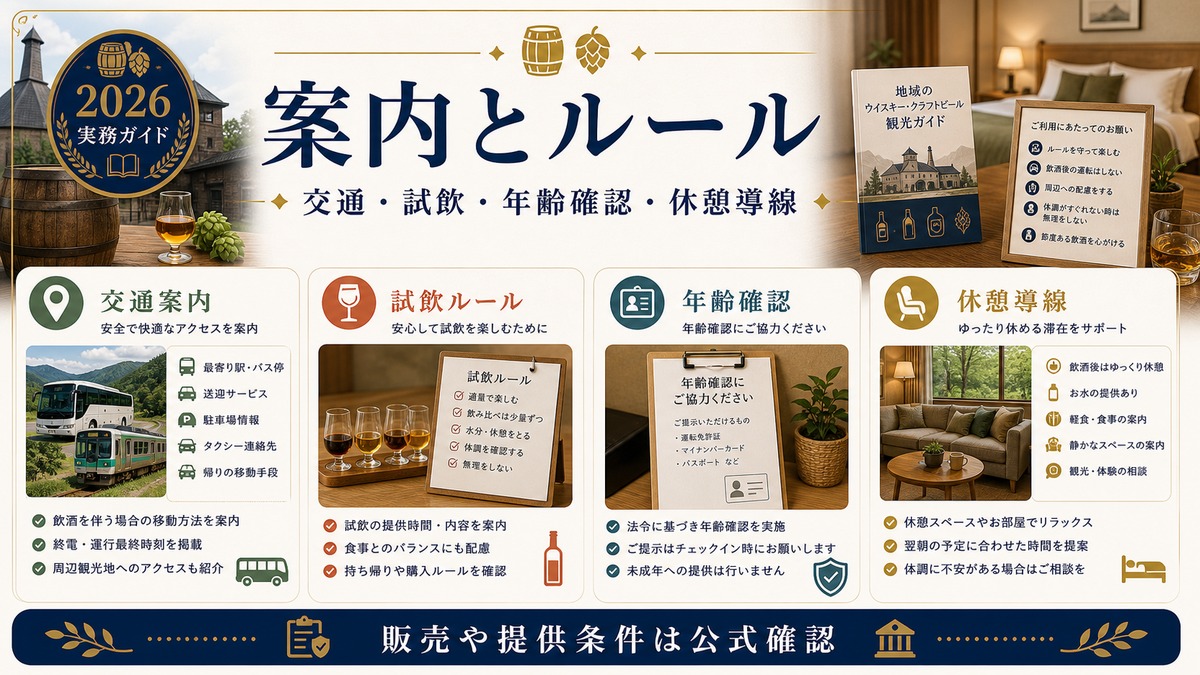 ウイスキークラフトビール民泊の案内とルールを交通案内、試飲ルール、年齢確認、休憩導線で整理した図