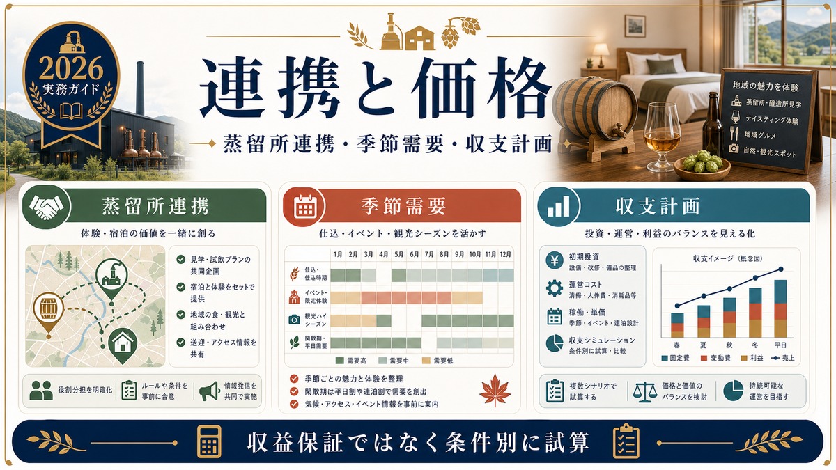 ウイスキークラフトビール民泊の連携と価格を蒸留所連携、季節需要、収支計画で整理した図