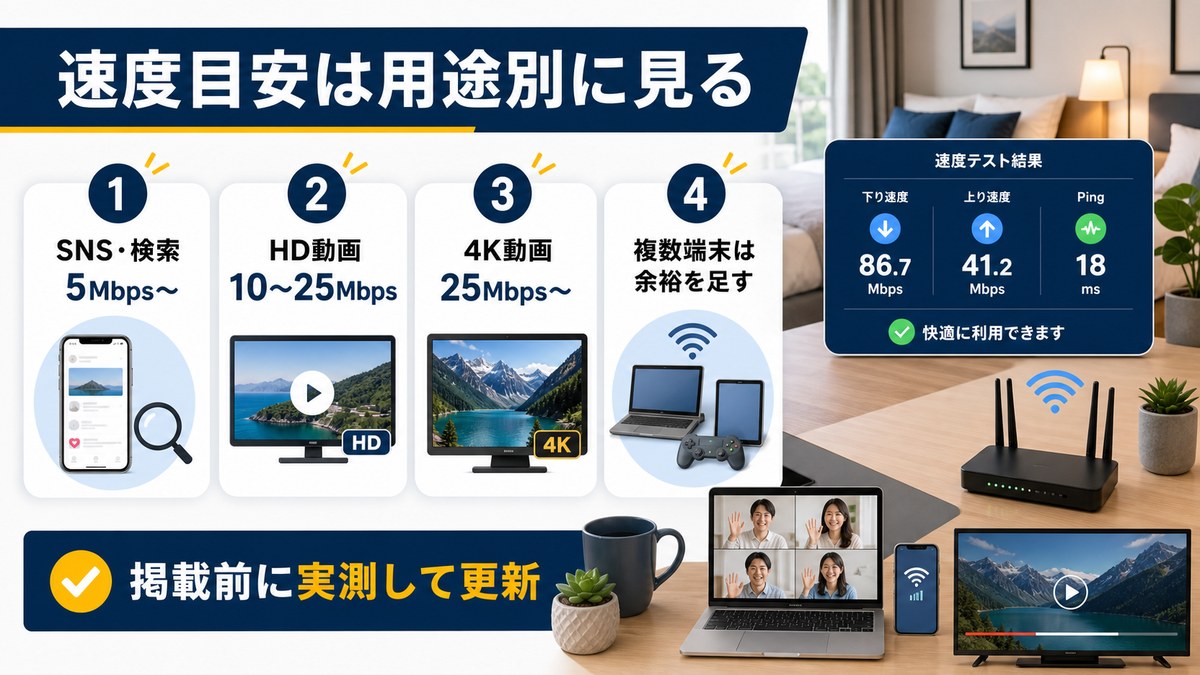 民泊Wi-Fiの用途別速度目安と実測確認の図解