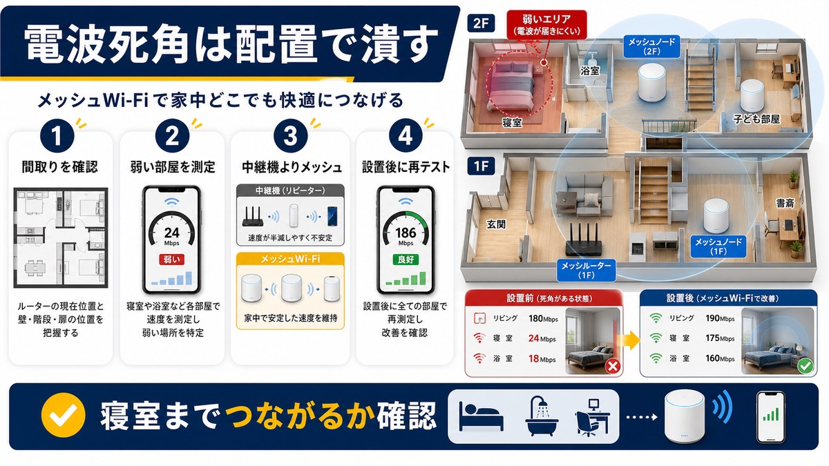 民泊物件のメッシュWi-Fi配置と電波死角対策の図解
