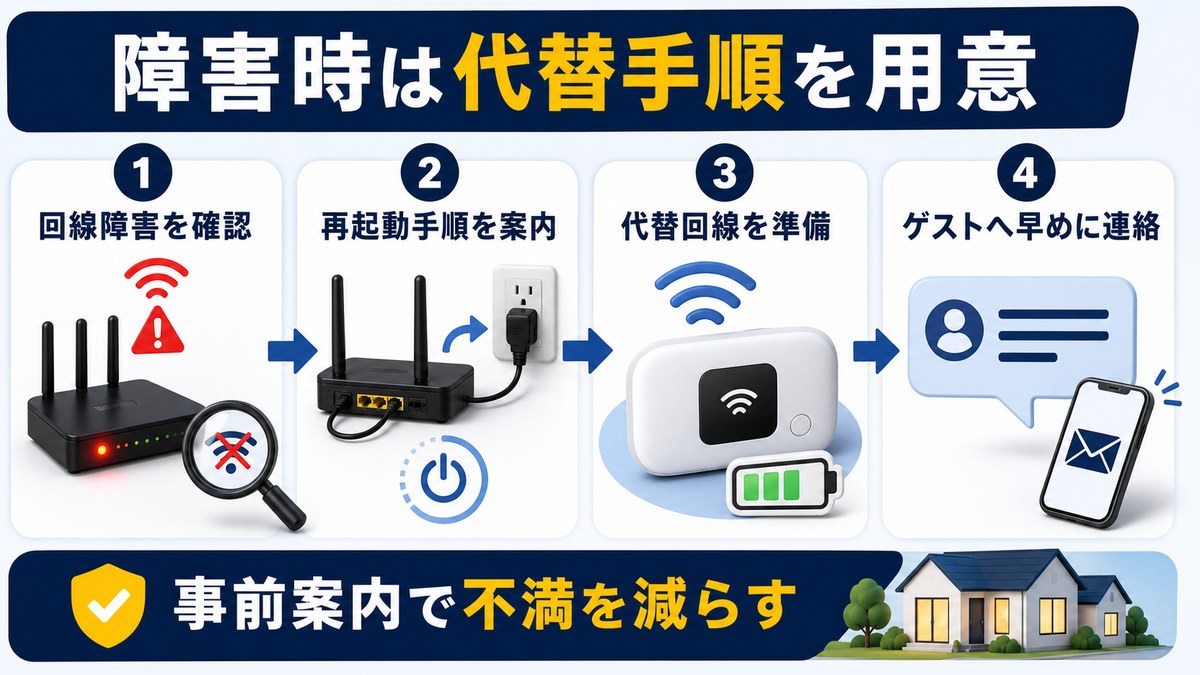 民泊Wi-Fi障害時の確認と代替回線案内の図解