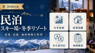 スキー場・冬季リゾート民泊の需要、設備、価格戦略、条例確認を整理した図