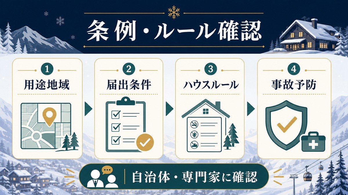 冬季リゾート民泊で用途地域、届出条件、ハウスルール、事故予防を確認する図