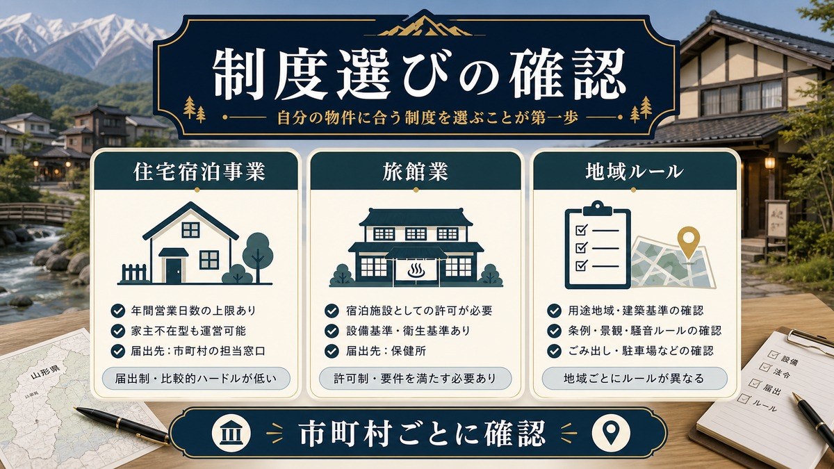 山形県の民泊制度選びで住宅宿泊事業、旅館業、地域ルールを確認する図