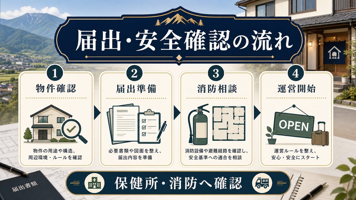 山形県の民泊開業で物件確認、届出準備、消防相談、運営開始の流れを示した図