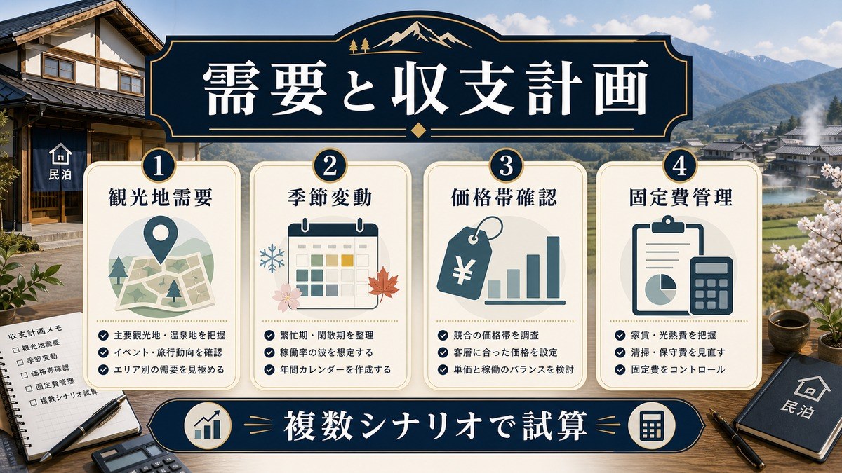 山形県民泊の需要と収支計画を観光地需要、季節変動、価格帯確認、固定費管理で示した図