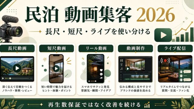 民泊の動画集客を長尺動画、短尺動画、リール動画、動画制作、ライブ配信で整理した図