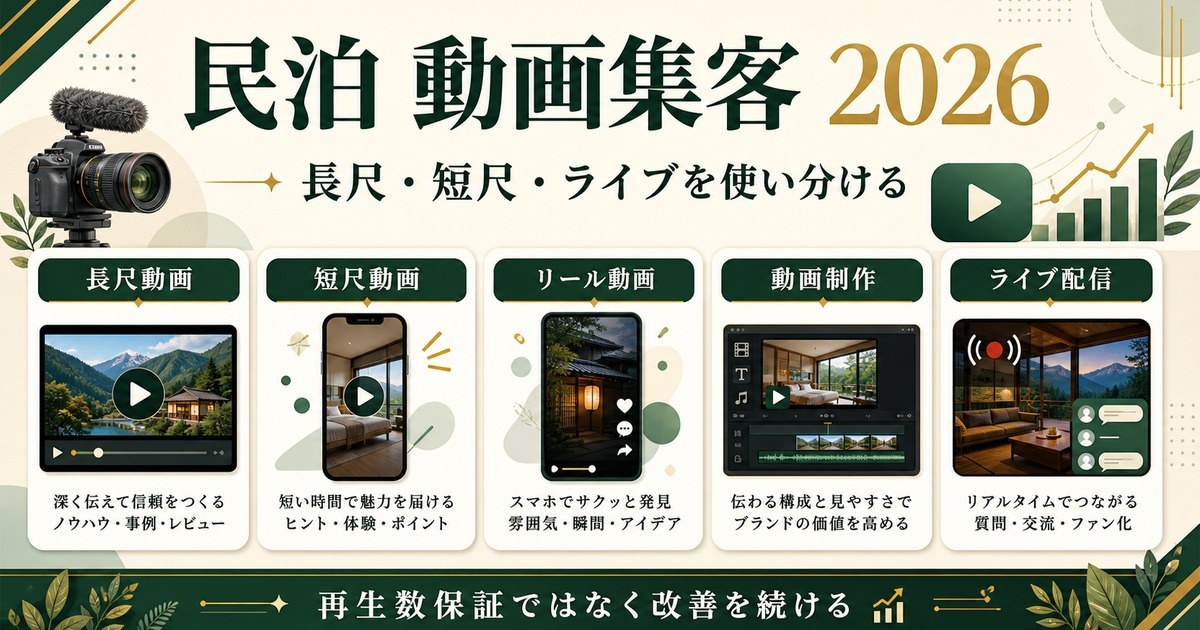 民泊の動画集客を長尺動画、短尺動画、リール動画、動画制作、ライブ配信で整理した図