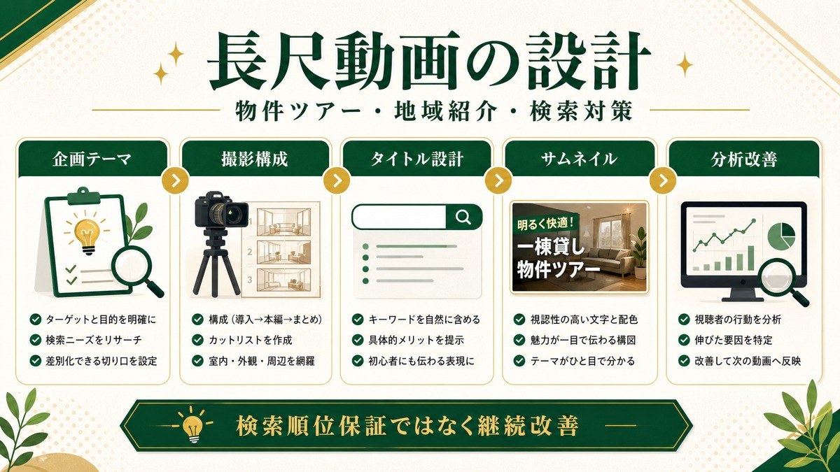 民泊の長尺動画設計を企画テーマ、撮影構成、タイトル設計、サムネイル、分析改善で整理した図