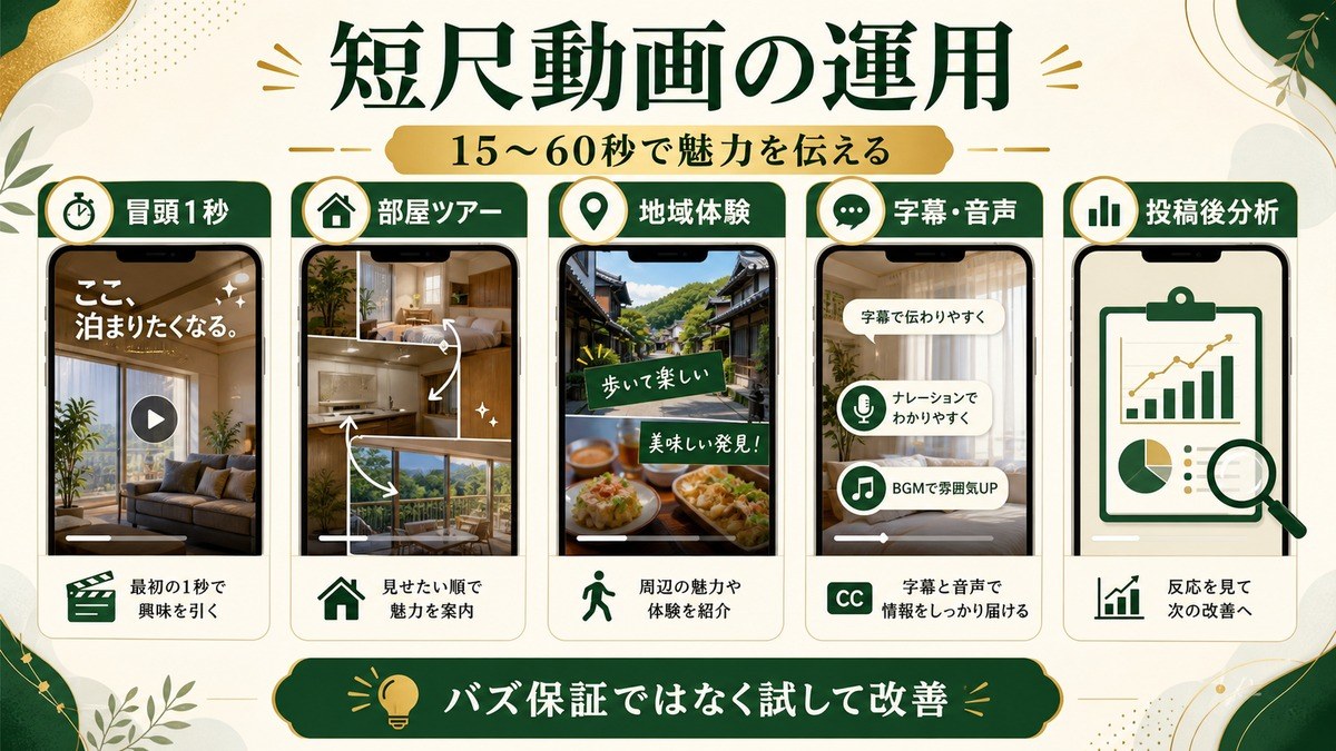 民泊の短尺動画運用を冒頭1秒、部屋ツアー、地域体験、字幕音声、投稿後分析で示した図