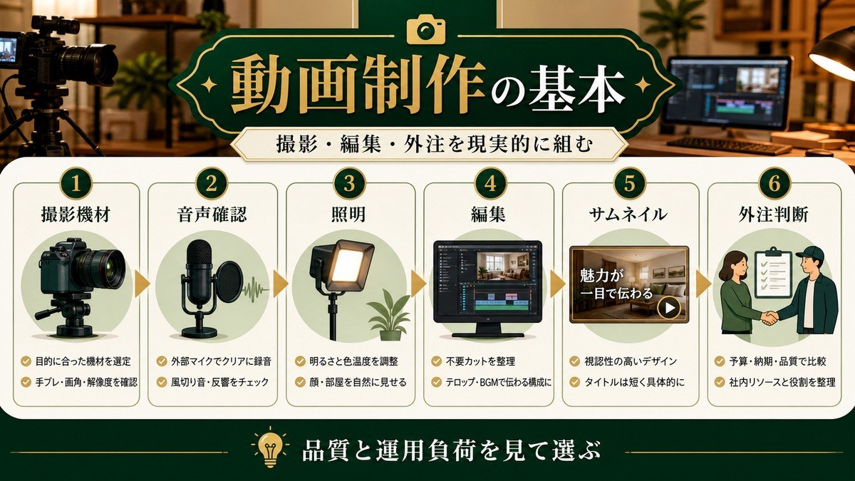 民泊動画制作の基本を撮影機材、音声確認、照明、編集、サムネイル、外注判断で整理した図