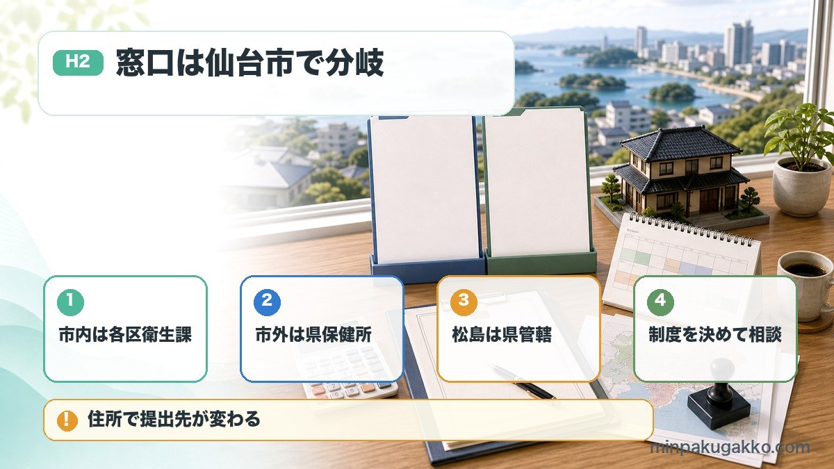 宮城県と仙台市の民泊届出で仙台市各区衛生課、宮城県保健所、松島の県管轄を整理した図