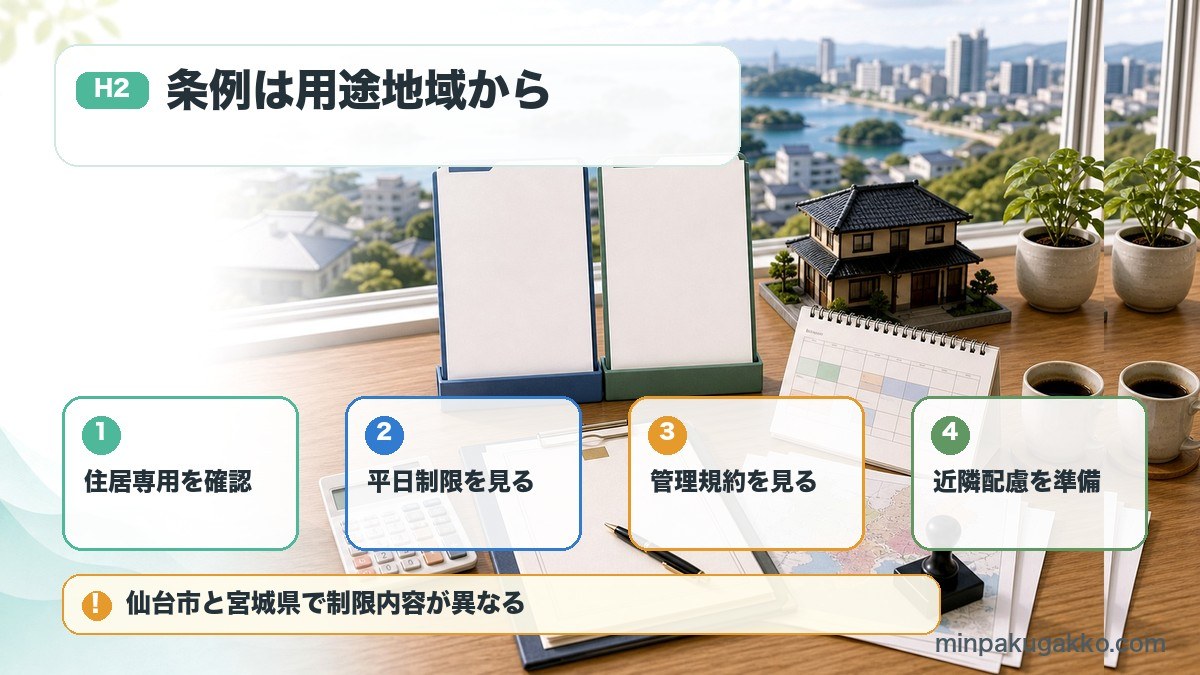 宮城県と仙台市の民泊条例で住居専用地域、平日制限、管理規約、近隣配慮を確認する図