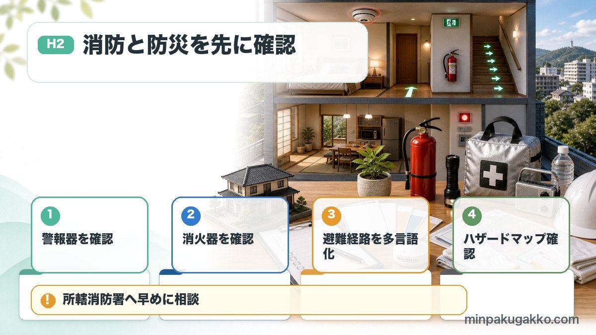 宮城県の民泊消防と防災で警報器、消火器、避難経路、ハザードマップを確認する図