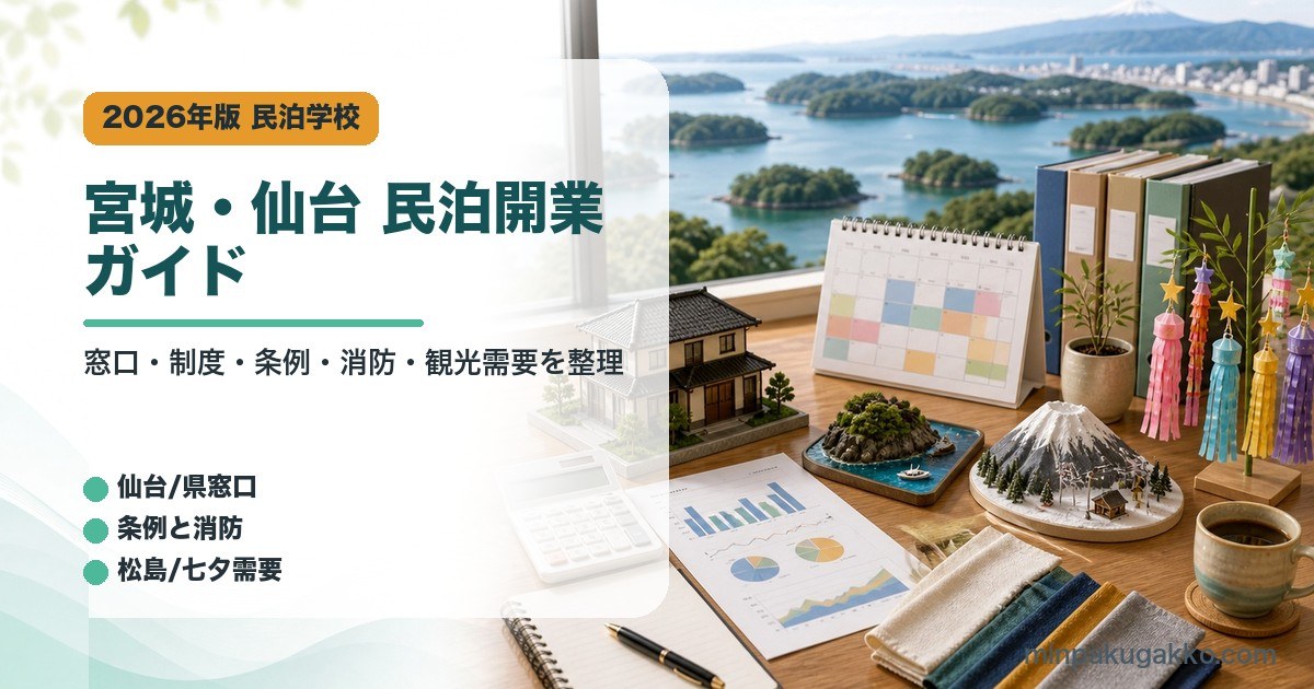 宮城県・仙台市の民泊開業で確認する届出窓口、制度、条例、消防、防災、松島と仙台七夕需要をまとめたアイキャッチ画像