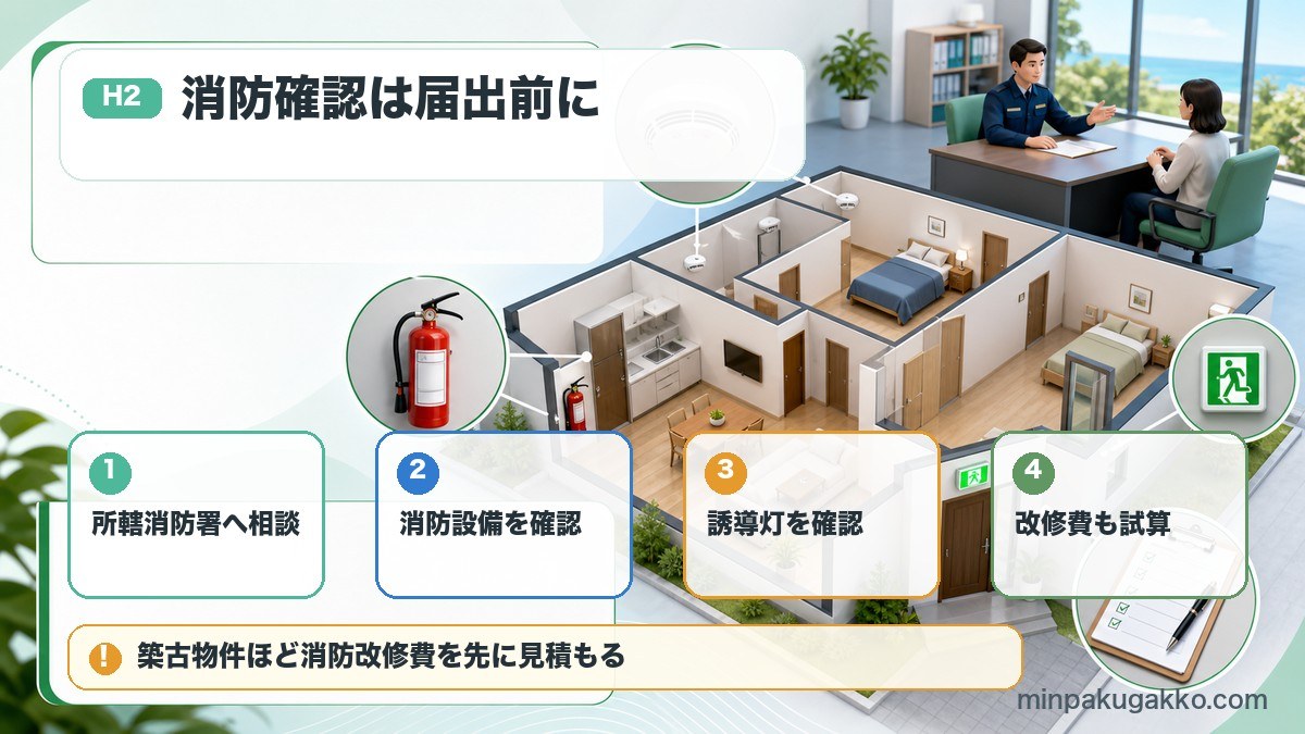 宮崎県の民泊開業前に消防署相談、警報器、消火器、誘導灯、防炎品、改修費を確認する図