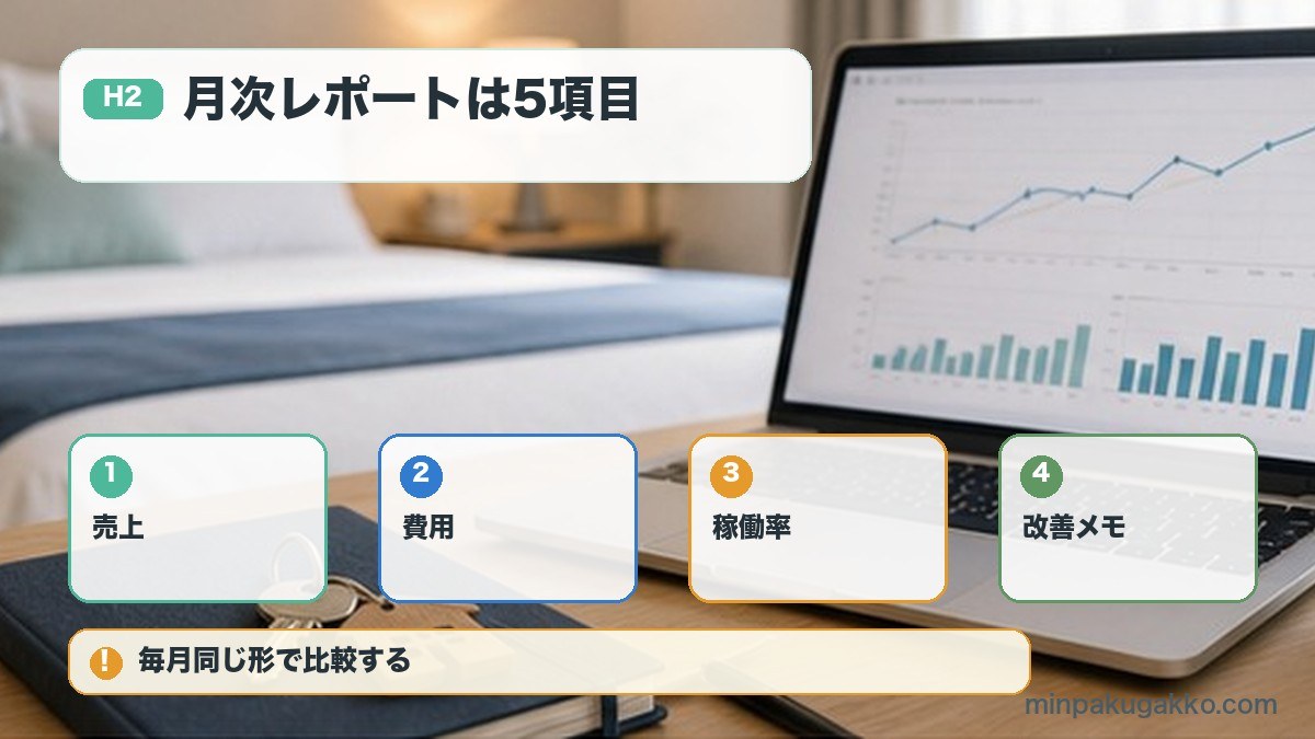 月次レポートは5項目で作るを売上、費用、稼働率、改善メモで整理する図解