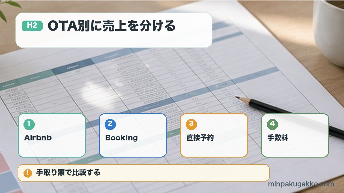 OTA別に売上を分けるをAirbnb、Booking、直接予約、手数料で整理する図解