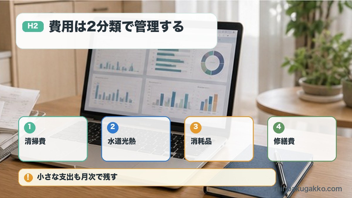 費用は固定費と変動費に分けるを清掃費、水道光熱、消耗品、修繕費で整理する図解