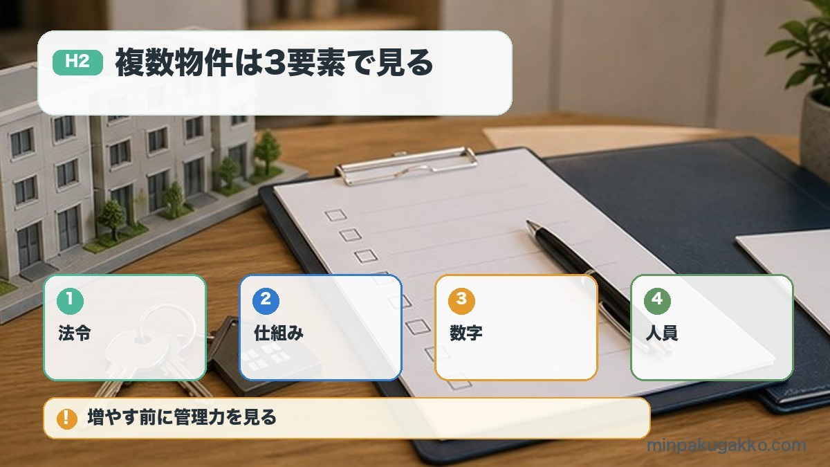 複数物件は3要素で見るを法令、仕組み、数字、人員で整理する図解