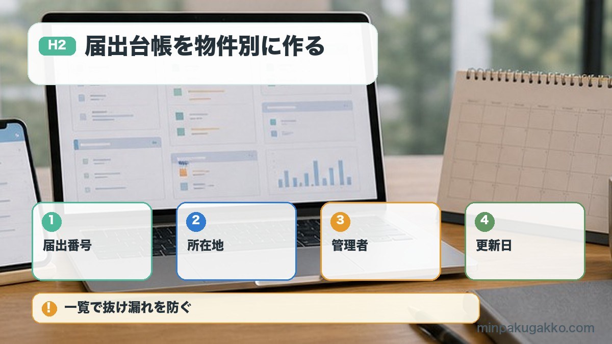 届出台帳を物件別に作るを届出番号、所在地、管理者、更新日で整理する図解