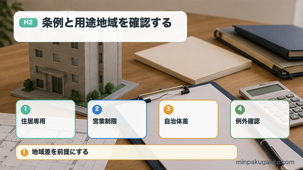 条例と用途地域を確認するを住居専用、営業制限、自治体差、例外確認で整理する図解