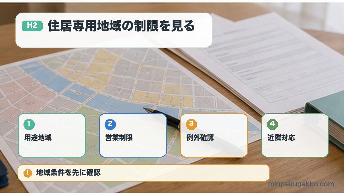 住居専用地域の制限を見るを用途地域、営業制限、例外確認、近隣対応で整理する図解