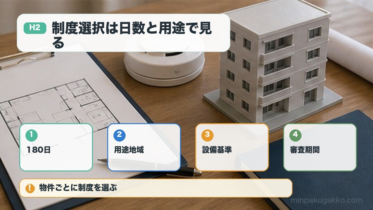 制度選択は日数と用途で見るを180日、用途地域、設備基準、審査期間で整理する図解