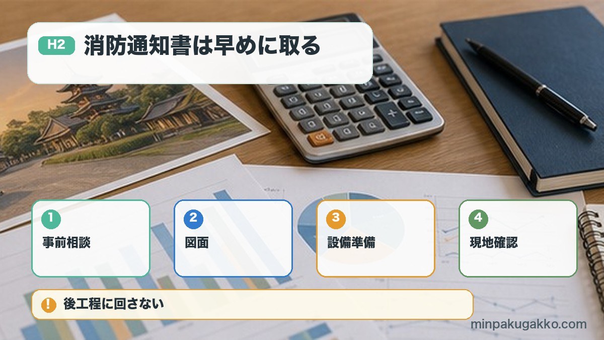 消防通知書は早めに取るを事前相談、図面、設備準備、現地確認で整理する図解
