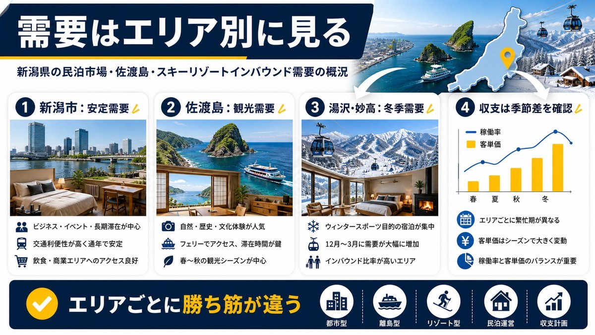 新潟県の民泊需要を新潟市・佐渡島・湯沢妙高エリア別に整理した図解