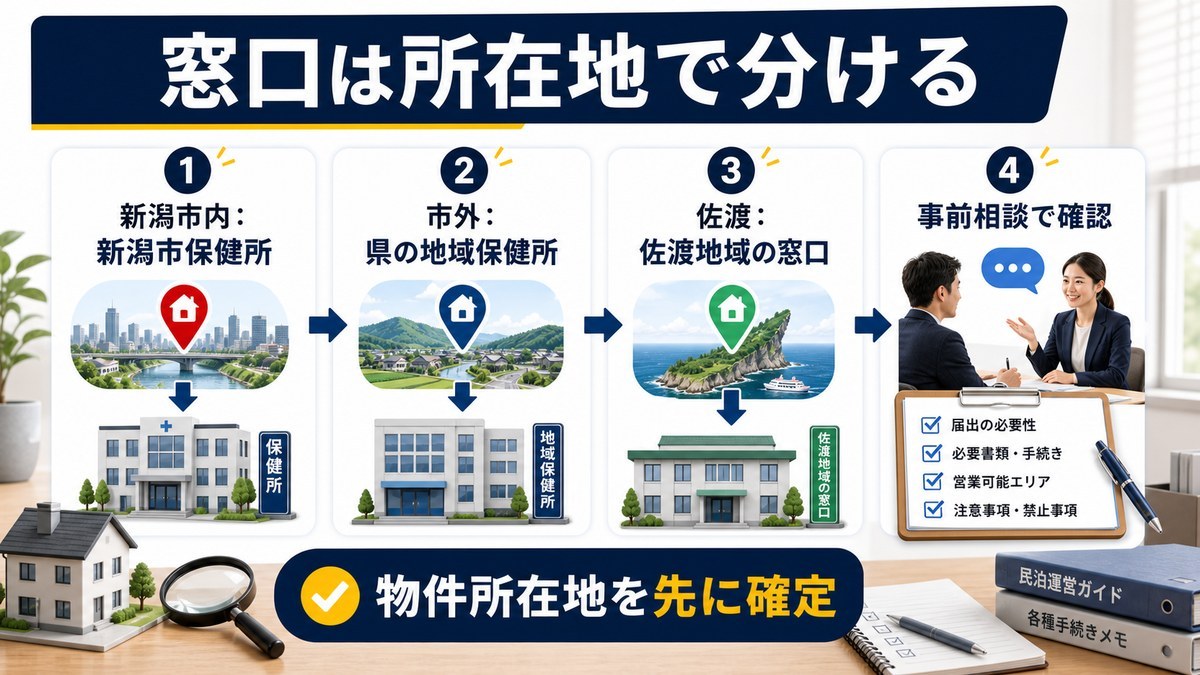 新潟県の民泊届出窓口を物件所在地別に整理した図解