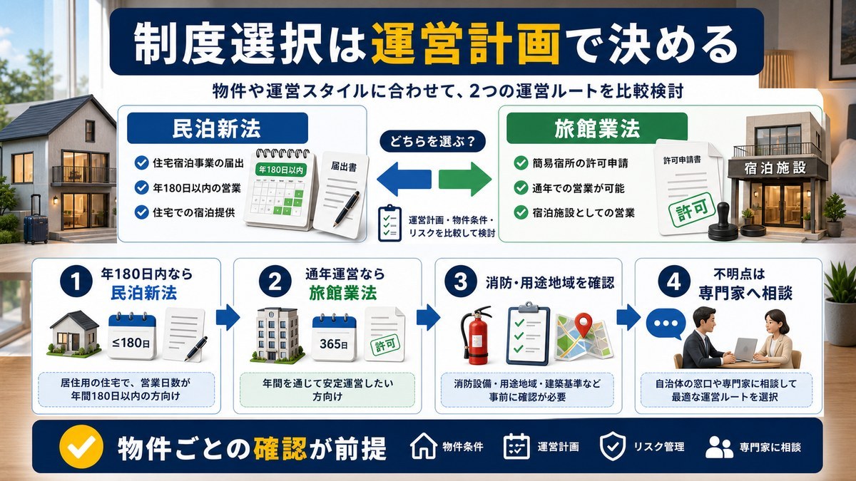 民泊新法と旅館業法の選択基準を運営計画別に比較した図解