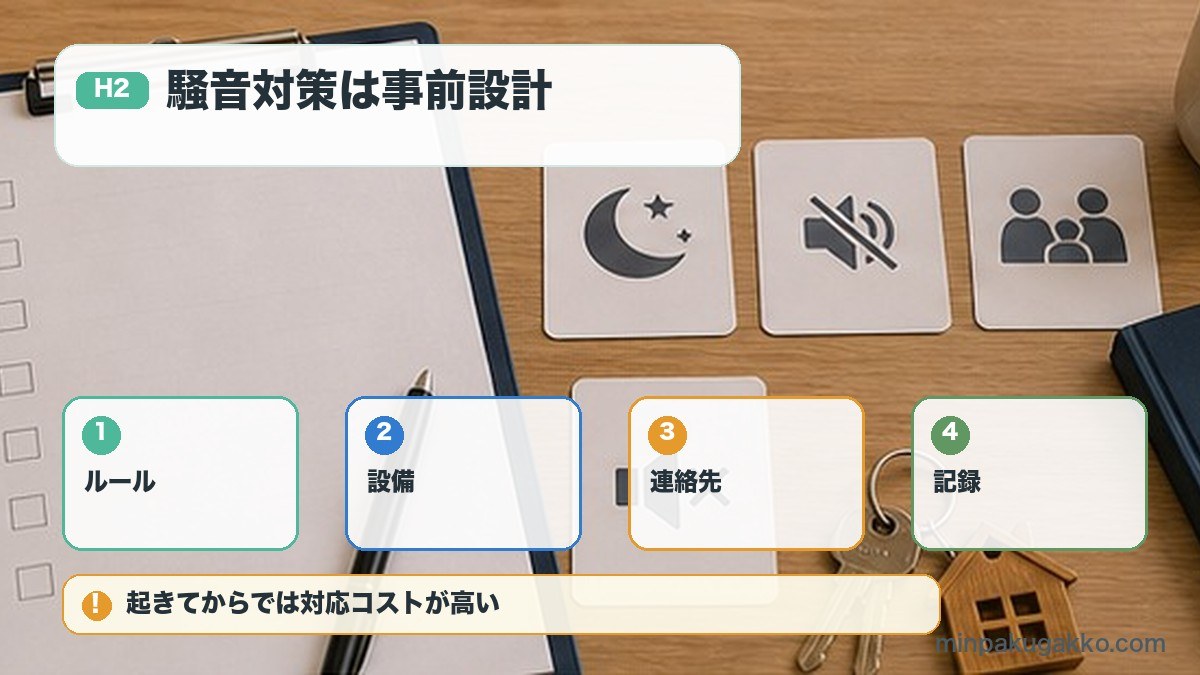 騒音対策は事前設計をルール、設備、連絡先、記録で整理する図解