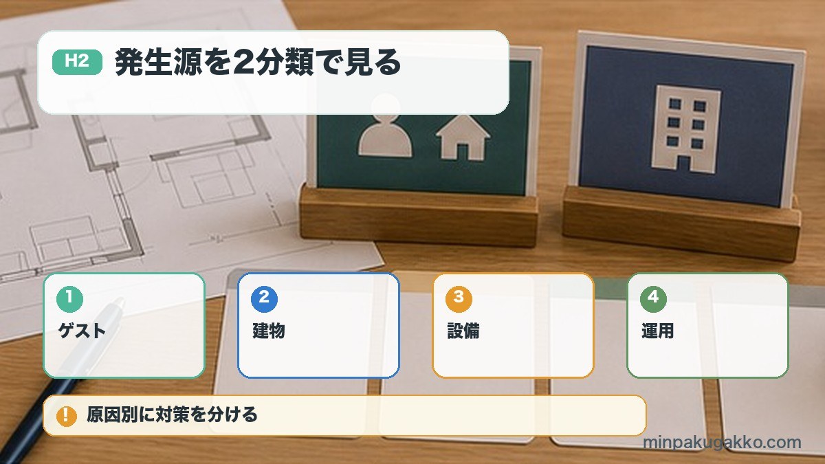 発生源を2分類で見るをゲスト、建物、設備、運用で整理する図解