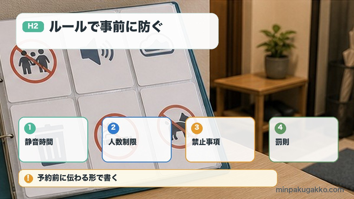 ルールで事前に防ぐを静音時間、人数制限、禁止事項、罰則で整理する図解