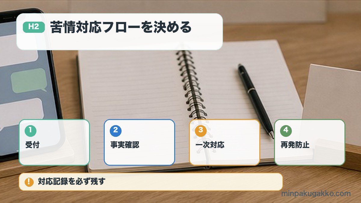 苦情対応フローを決めるを受付、事実確認、一次対応、再発防止で整理する図解