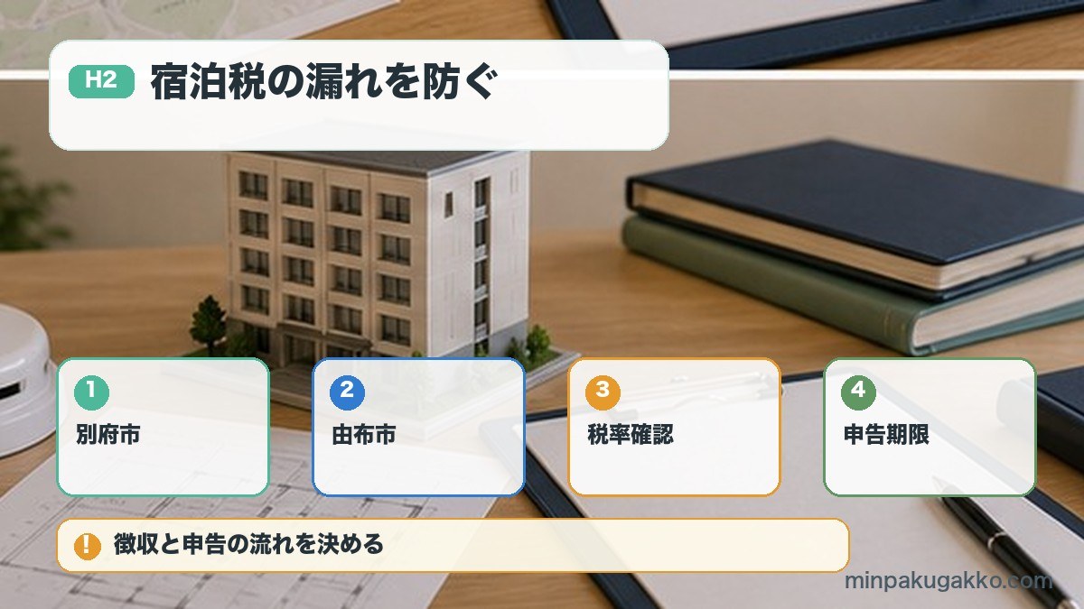 宿泊税の漏れを防ぐを別府市、由布市、税率確認、申告期限で整理する図解