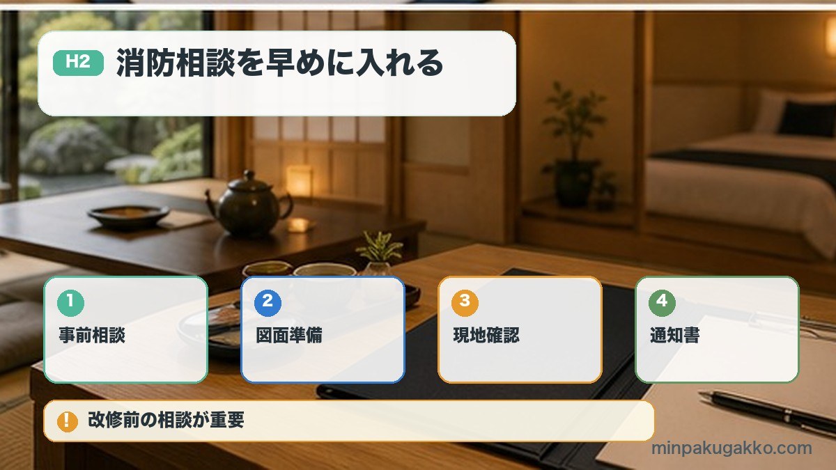 消防相談を早めに入れるを事前相談、図面準備、現地確認、通知書で整理する図解