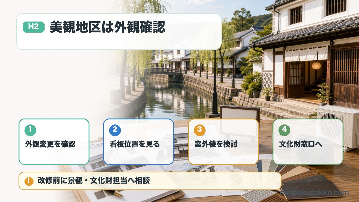 倉敷美観地区の民泊開業で外観変更、看板、室外機、文化財窓口を確認する図