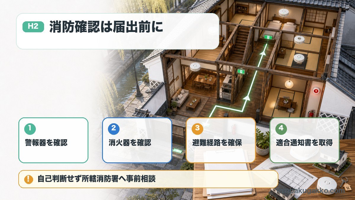 岡山県と倉敷市の民泊開業前に警報器、消火器、避難経路、消防法令適合通知書を確認する図