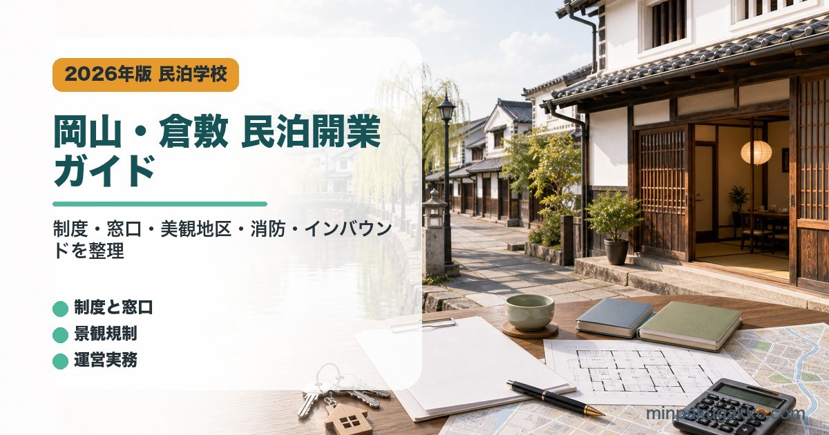 岡山県と倉敷市の民泊開業で制度、窓口、美観地区、消防、インバウンド対応を整理したアイキャッチ画像