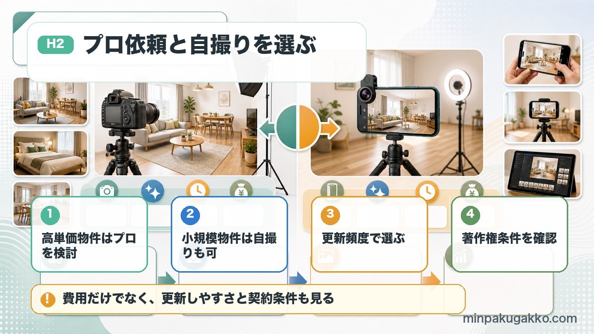 民泊写真でプロカメラマン依頼とスマートフォン自撮りを費用、更新頻度、契約条件で比較する図