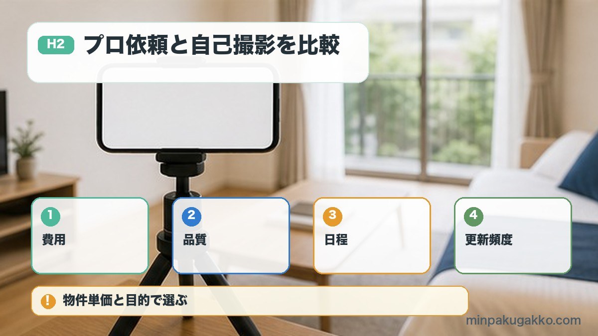 民泊写真のプロカメラマン依頼と自己撮影を費用品質日程更新頻度で比較する図解