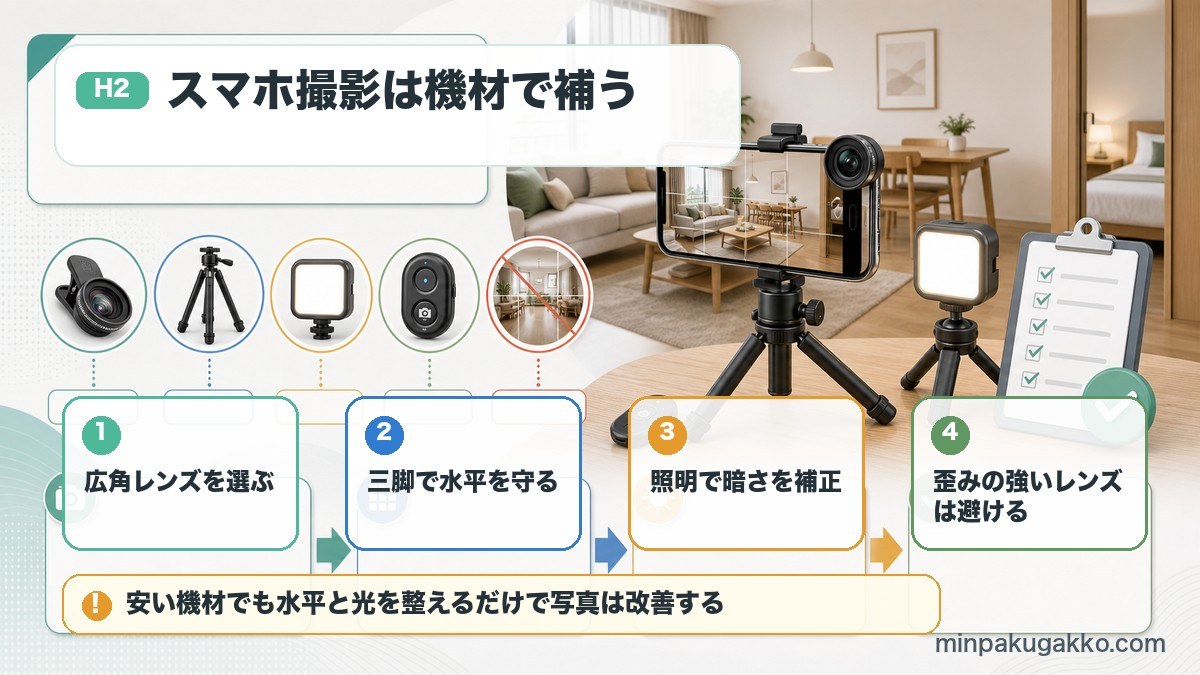 スマートフォンで民泊写真を撮る際の広角レンズ、三脚、照明、レンズ歪み対策を示した図